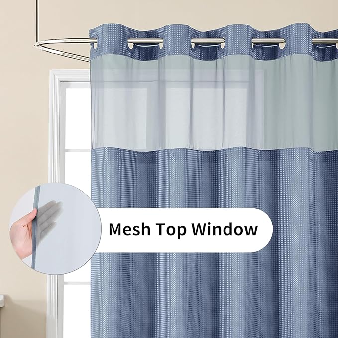 No Hook Shower Curtain with Snap in Fabric Liner, Waffle Weave Heavy Duty Thick Shower Curtains with Mesh Top Window, Hotel Style Waterproof Bathroom Curtain Set, 72 x 75 Inch, Moonlight Blue