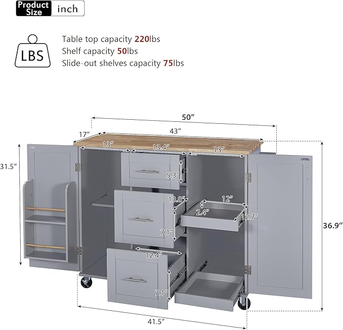 Rolling Mobile Kitchen Island Cart with Door Internal Storage Rack & Tower Rack, 3 Drawers and 2 Slide-Out Shelves for Dining Room