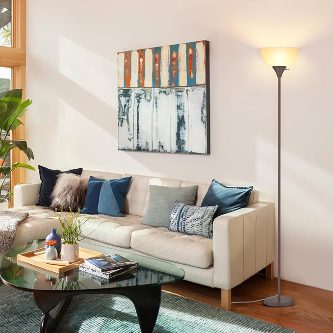 Floor Lamp, LED Standing Lamps with White Plastic Shade, Corner Floor Lights for Living Room Bedroom, Rotary Switch, Bulb not Included, Brown