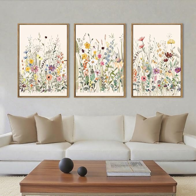 Wildflower Wall Art Large Floral Wall Painting Neutral Print Pictures Decor for Living Room Bedroom Bathroom 3 Panel 36x24 Inches