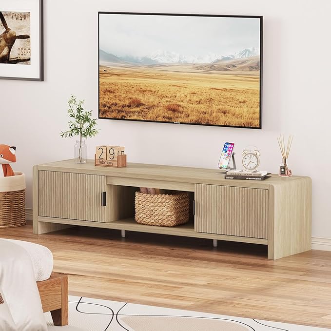 FATORRI TV Stand for TVs up to 75/65/55 Inch, Wood Entertainment Center with Storage, Farmhouse Waveform Fluted-Door Television Media Console for Living Room, Bedroom (63 Inch W, Light Walnut)