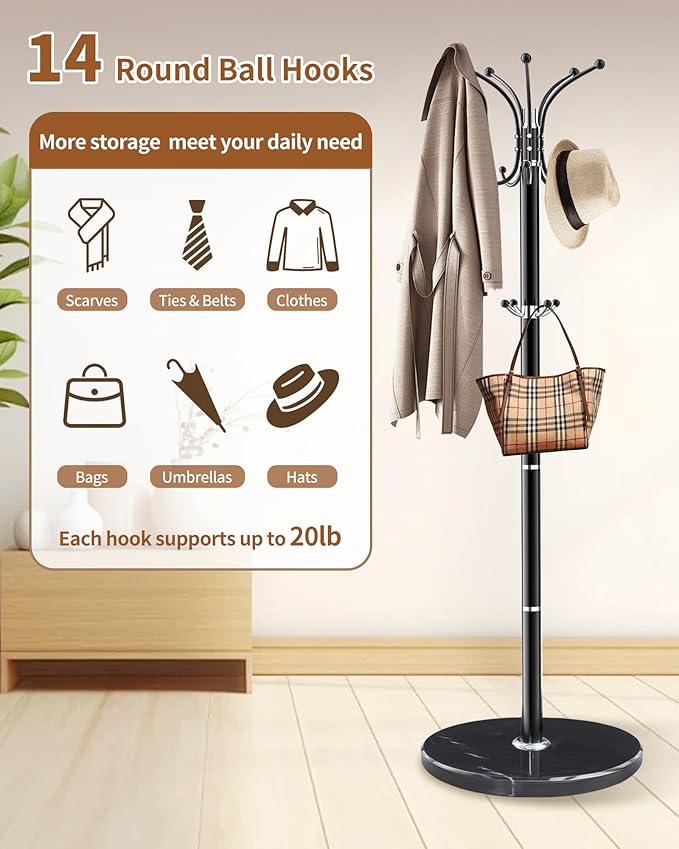 Metal Coat Rack with Natural Marble Base,360°Rotary Coat Rack Stand with 14 Hooks,Modern Freestanging Coat Racks for Entryway,Office,Black Coat Jacket Hanger Tree Stand for Coats, Scarves