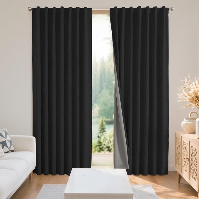 Joydeco 100% Blackout Curtains for Bedroom - Natural Linen Curtains 52"W x 72"L Long, Thermal Insulated 2 Panels Black Light Blocking Drapes, Rod Pocket & Back Tabs, Darkening Privacy for Living Room