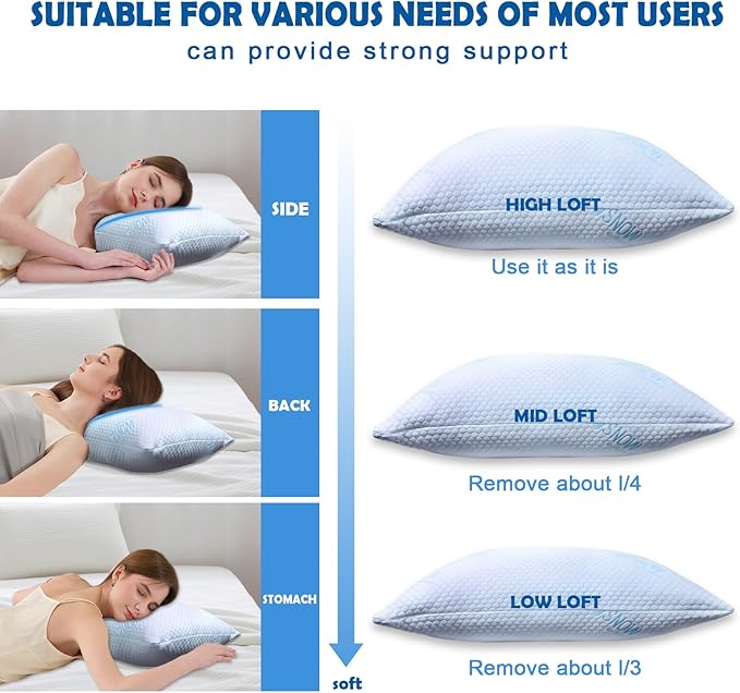 Cooling Pillows King Size Set of 2 - Shredded Memory Foam Cold Pillows That Stay Cold Soft Pillow for Sleeping, Adjustable Bed Pillow for Side, Back, and Stomach Sleepers