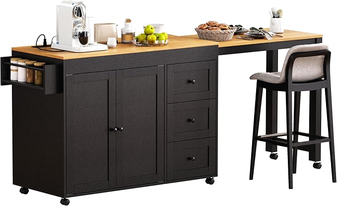 Rolling Kitchen Island on Wheels with Extendable Dining Table, Kitchen Storage Cart with 3 Drawers and Spice Rack, Black