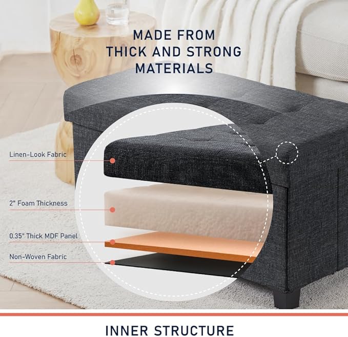 Ornavo Home 30 Inch Storage Ottoman, Large Storage Bench, Ottoman with Storage with Legs, Foot Rest Stool, Bedroom Bench - Black