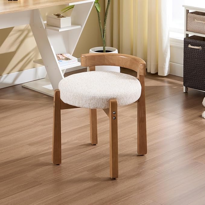 DUOMAY Modern Chenille Vanity Stools Set of 2, Upholstered Low Back Ottomans with Solid Wood Legs Cute Round Footrest Makeup Stools Dressing Seat for Living Room Bedroom, Beige