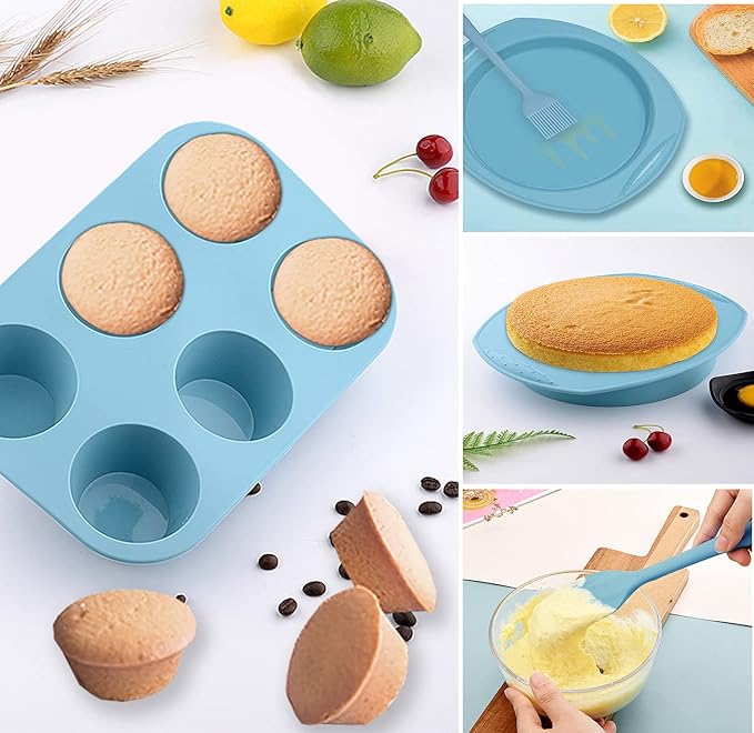 7in1 Silicone Bakeware Baking Set, Kitchen Bake Pans Molds Tray for Oven with BPA Free Round/Square Cake Pan, Loaf Pan, Muffin Pan for Bread Pizza Cheesecake Cupcake Pie Desserts
