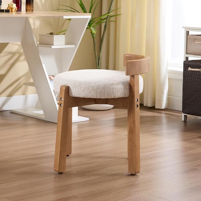 DUOMAY Modern Chenille Vanity Stool, Upholstered Low Back Ottoman with Solid Wood Legs Cute Round Footrest Makeup Stool Dressing Seat for Living Room Bedroom, Beige