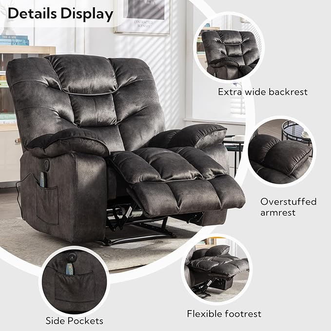 Oversized Power Recliner Chair with Massage and Heat, 41" Wide Electric Reclining Chairs with USB Port, Breathable Fabric Overstuffed Reclining Sofa for Living Room Bedroom