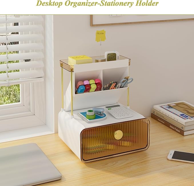 FOLLOWIN 3 Tiers Makeup Organizer with Drawer,Cosmetic Display with Lipsticks Brush Holder,Cosmetics and Beauty Supplies Organizers for Vanity,Dresser,Bathroom Desktop Countertop Organizer,Amber