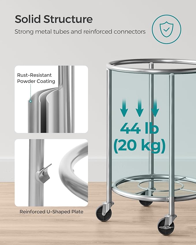 SONGMICS 29-Gallon (110 L) Laundry Basket with Wheels, Rolling Round Heavy-Duty Laundry Hamper Cart with Steel Frame and Removable Bag, 2 Locking Wheels, Ink Black and Metallic Silver URLS002B01