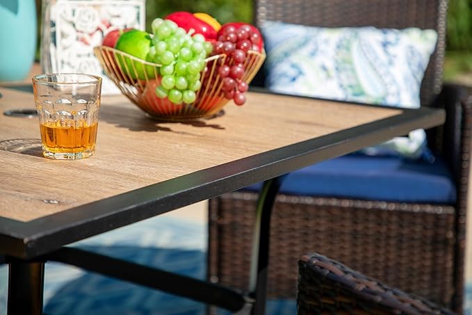 PHI VILLA 5 Pieces Outdoor Dining Set for 4, Wood Top Metal Dining Table & Rattan Wicker Chairs with Cushions, Modern Furniture Dining Set for Patio, Deck, Backyard, Porch