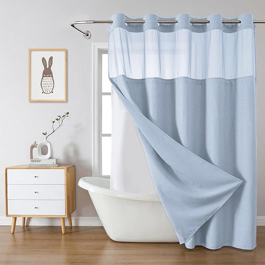 FrostBlue Long No Hook Waffle Weave Shower Curtain with snap-in Liner Replacement, 230GSM Waterproof Fabric Hotel Shower Curtain Set for Bathroom, Through Mesh Top Window,71Wx80H