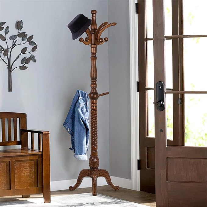 Coat Rack Freestanding Tree Stand with 8 Hooks, 79'' Heavy Duty Premium Ash Wood Hanger Stand, Floor Standing Clothes Hat for Entryway, Corner,Hallway,Bedroom, Office,Brown-Style 2