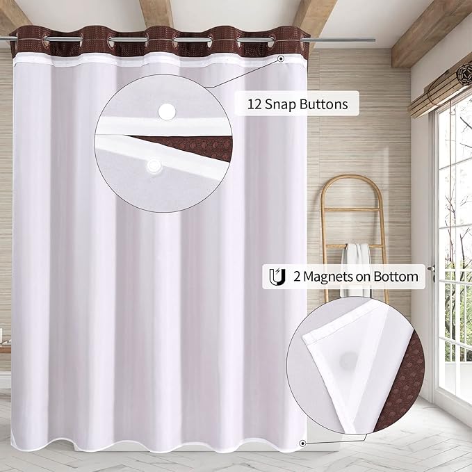 MitoVilla No Hooks Required Extra Long Shower Curtain Set with Snap-in Liner, 86 inch XL Brown Waffle Heavyweight Fabric Cloth Shower Curtains for Modern Luxury Hotel & Spa Bathroom Decor