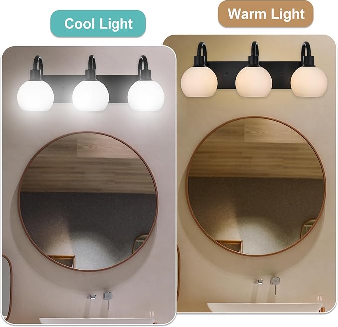 3-Light Bathroom Vanity Light Fixtures, Black Wall Sconce with Milk White Globe Glass Shade, Vanity Lighting E26 Socket for Mirror Kitchen Living Room Hallway