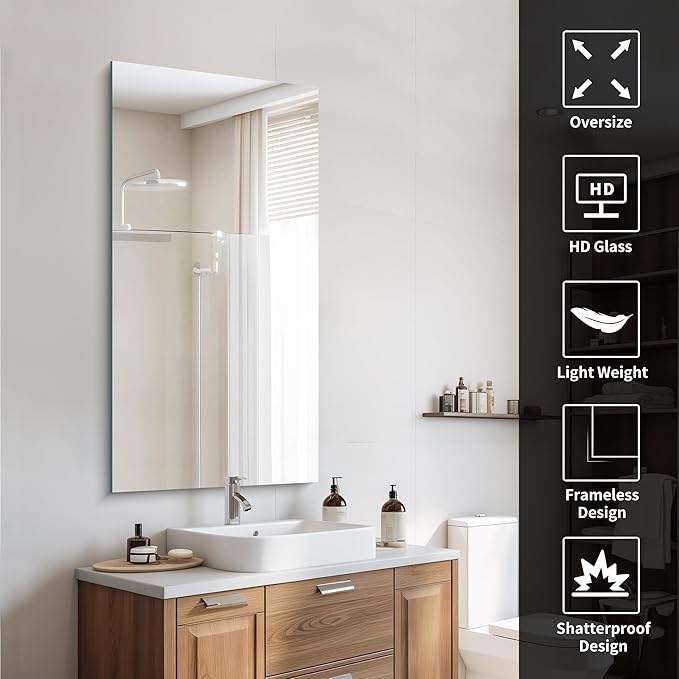 Frameless Mirror, 24x48 Inch Large Bathroom Mirrors for Wall Over Sink, Upgraded Shatterproof Vanity Mirror with Polished Edge for Bathroom,Bedroom,Living Room and Entryway