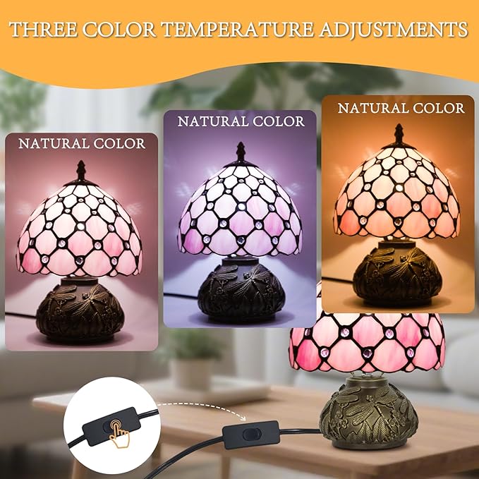Small Tiffany Stained Glass Lamp, 3 Color Temperatures Bedside Lamp, 8 Inch Pink Pearl Beads Style Mushroom Desk Light for Bedroom Living Room Office Home Decor (Pink)