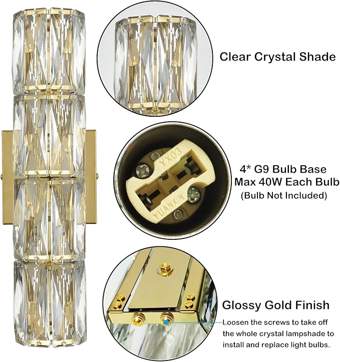 SAMTEEN Gold Wall Sconce Modern Crystal Sconces Wall Lighting 4-Light Bathroom Wall Mount Light Crystal Vanity Light Fixture for Bedroom Hallway Living Room