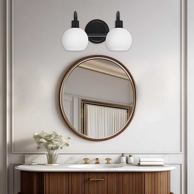 2-Light Black Bathroom Light Fixture, Milk White Globe Wall Sconce Lamp for Hallway Bedroom Foyer Cabinets, Modern Vanity Lights E26 Socket