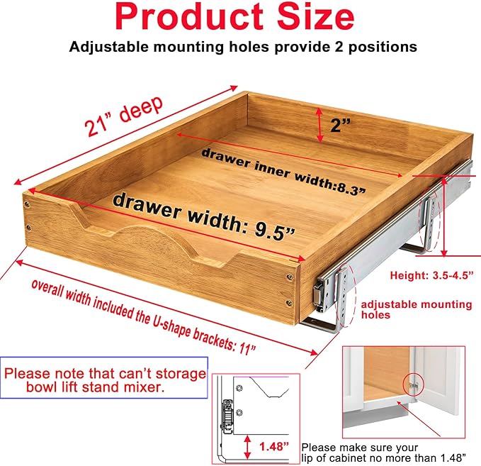 DINDON 1 Tier Pull Out Cabinet Organizer (11" W x 21" D) Single Tier Heavy Duty Sliding Wood Drawer Under Cabinet Shelf Organization Storage