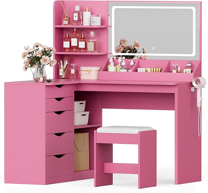 JUMMICO Makeup Vanity Desk with Mirror and Lights, L- Shaped Vanity, Modern Vanity Table with 5 Drawers & Adjustable Shelves, Power Outlet with Fast Charging, for Bedroom (Pink)