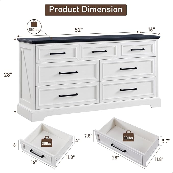 7 Drawer Dresser, Farmhouse Chest of Drawers for Bedroom, 52" Wide Dresser TV Stand with Large Metal Handles, Wood Drawer Organizer for Living Room, Hallway - Off White
