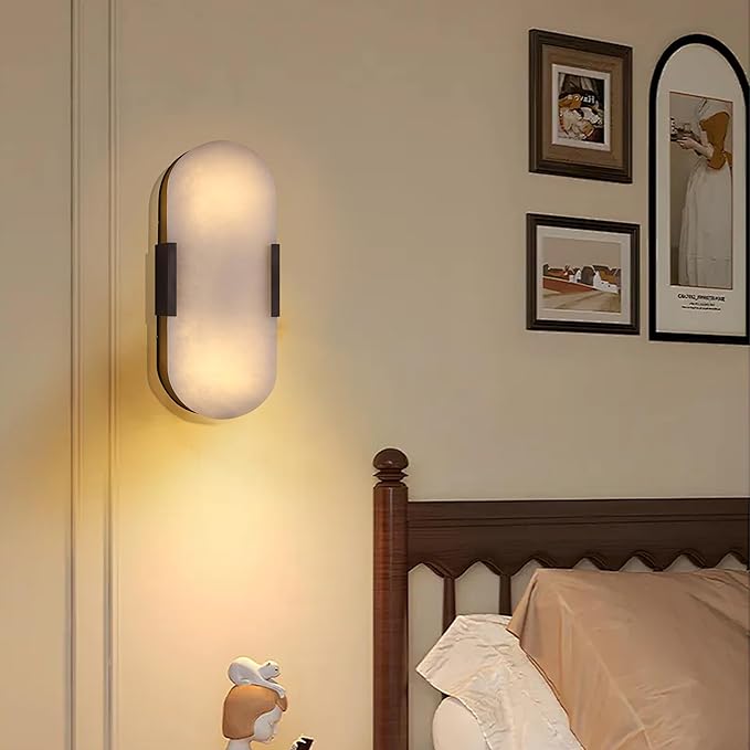 Doraimi Lighting 2 Light 12" Natural Oval Alabaster Marble Bathroom Wall Sconce Modern Concise Style Wall Light Fixture,Oil Rubbed Bronze Finish for Bedroom Hallway Bedside Living Room