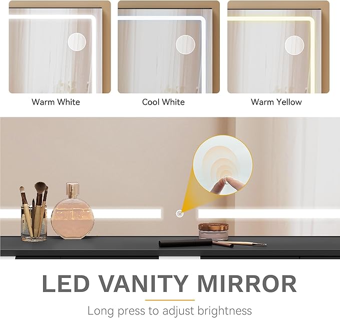 DWVO Makeup Vanity with Large Mirror and Lights, 46" Vanity Desk Dressing Table Set with 11 Drawers & Storage Stool, Dressing Table with Power Outlet and Magnifying Glass, Dressing Room, Black