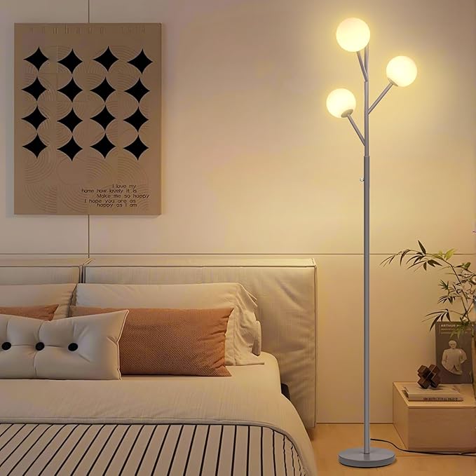 Dimmable 3-Globe Mid Century Modern Floor Lamp, Bulbs Included,70in Tall Silver Standing Floor Lamp with Frosted Glass Shade for Living Room,Office Bedroom, Study Room, Hotel, (dimmer-Silver)