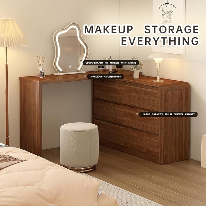 Makeup Vanity Desk with Touch Screen Mirror, 50-90 in Adjustable Sturdy Vanity Table Set with Chair, Bedroom Elegant Dressing Table for Women with 6-Drawer Rounded Corners Storage Cabinet, Brown