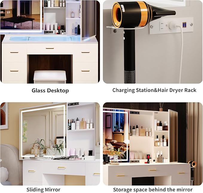 Vanity Desk with Lighted Mirror and Charging Station&Glass Tabletop, Sliding Mirror Makeup Vanity Table, Dressing Table with Hidden Storage Cabinet, Brightness Adjustable(Glass Tabletop-No Stool)