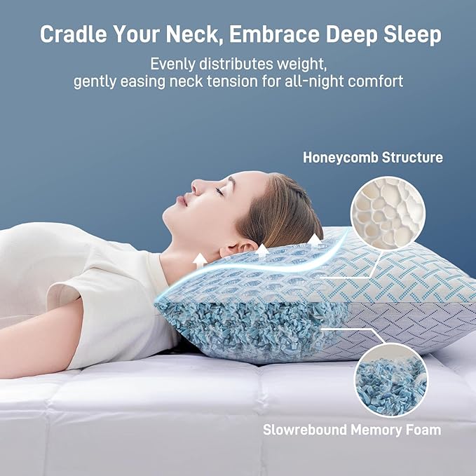 Shredded Memory Foam Cooling Medium Soft Viscose Derived from Bamboo Pillow Queen Size, Adjustable Hypoallergenic Hotel Quality Pillow for Back, Stomach and Side Sleeper, Oeko-TEX Certified