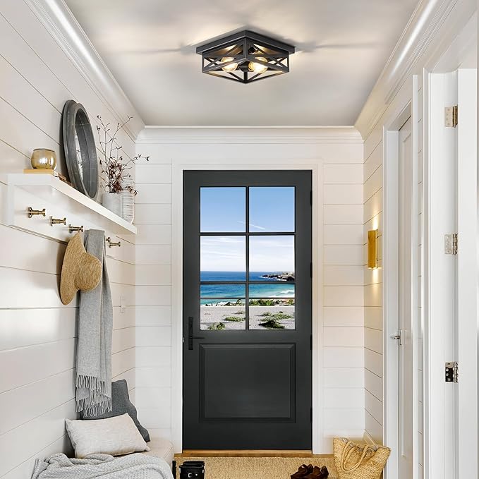 2Pack Flush Mount Ceiling Light Fixture,Black Farmhouse Kitchen Lighting Fixtures Ceiling Rustic Light Fixtures for Dining Room, Kitchen, Porch, Hallway, Entryway(Black & Gold Border)