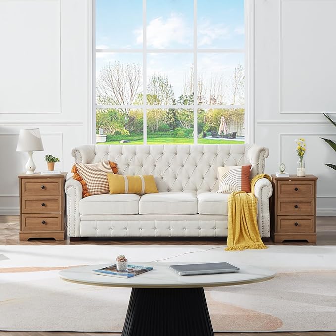 Farmhouse 3 Drawers Dresser for Bedroom, Rustic Small Chest of Drawers with Charging Station, Wood Closet Organizers, Modern Tall Nightstand/End Table for Bedroom, Living Room, Entryway, Natural Oak