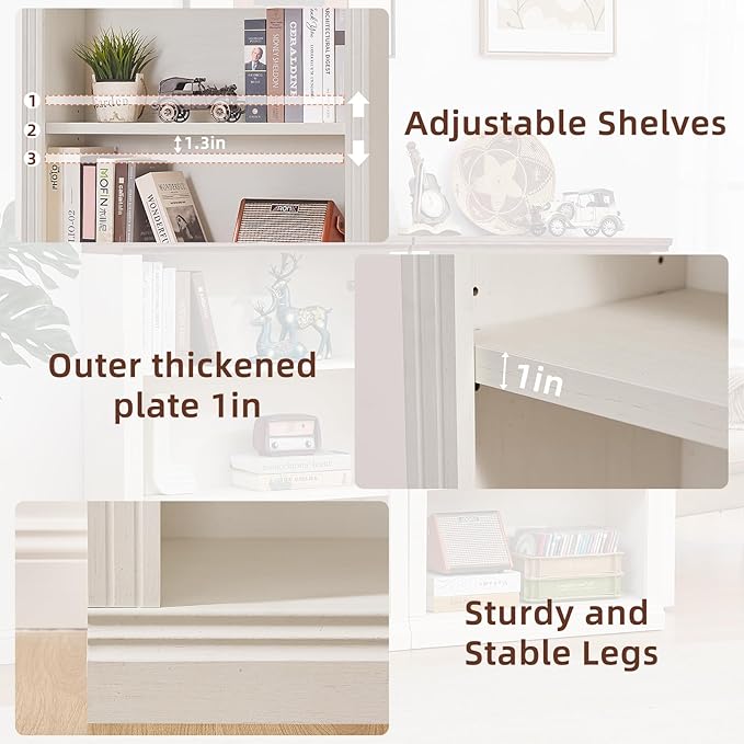 43" White Tall Bookshelf Set of 3,3-Tier Thick Wooden Book Shelf with Adjustable Shelves,Free Standing Farmhouse Bookcase with Open Display Storage,Floor Vintage Bookshelves for Living Room