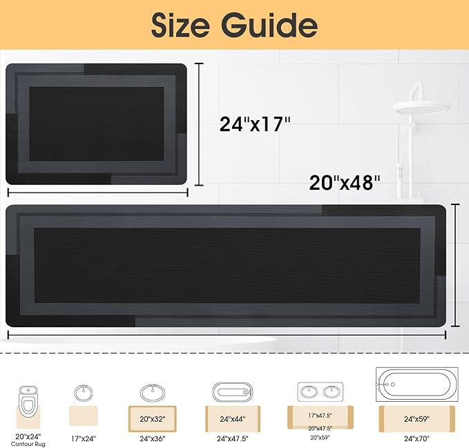 Ultra Thin Bath Mats Fit Under Door 2 piece, Upgrade Backing Non Slip Bath Mat, Quick Dry absorbent Bath Mat, Machine Washable Bathroom Rugs for Bathroom, Bathtub, Kitchen, Black, 24"x17"+48"x20"