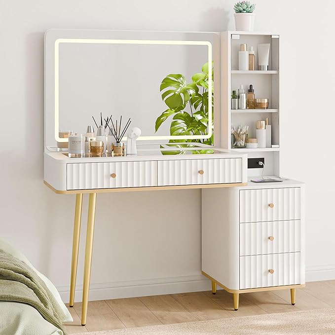 Fluted Vanity Desk with 36" Mirror and Lights, Makeup Vanity Desk with Glass Top, Dressing Table with 5 Drawers & Shelves, Wood Vanity Table for Bedroom(White)