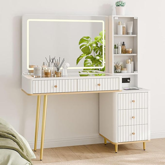 Fluted Vanity Desk with 36" Mirror and Lights, Makeup Vanity Desk with Glass Top, Dressing Table with 5 Drawers & Shelves, Wood Vanity Table for Bedroom(White)
