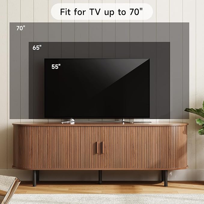 63" TV Stand with Power Outlet for TVs up to 70 Inch, Entertainment Center with Storage and Adjustable Shelves, Modern Media Console with Sliding Doors for Living Room, Walnut
