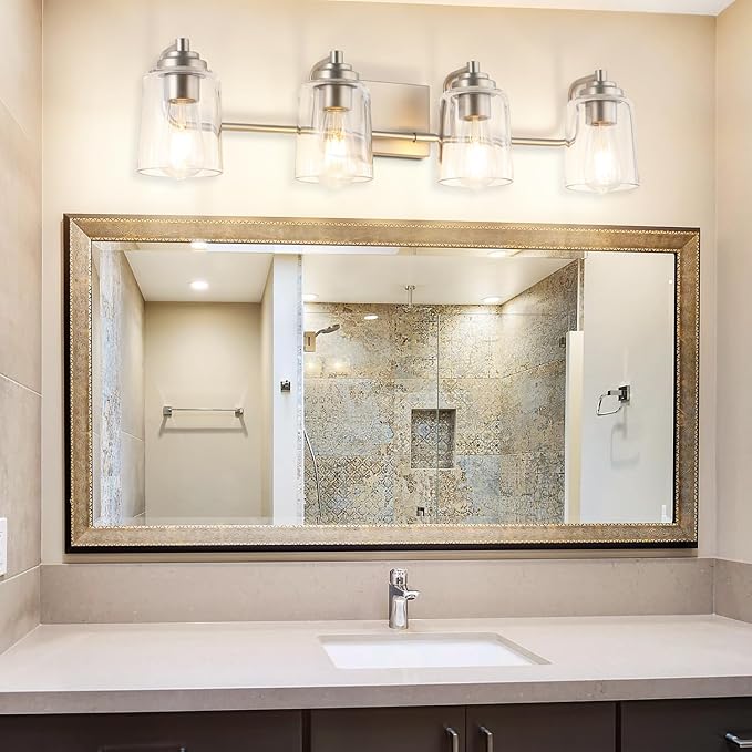 SOLFART Brushed Nickel 4-Light Vintage Vanity Light Fixtures for Bathroom, 13.4 x 7.1 x 7.7 inches