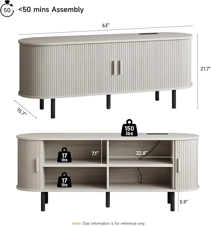 63" TV Stand with Power Outlet for TVs up to 70 Inch, Entertainment Center with Storage and Adjustable Shelves, Modern Media Console with Sliding Doors for Living Room, Natural White