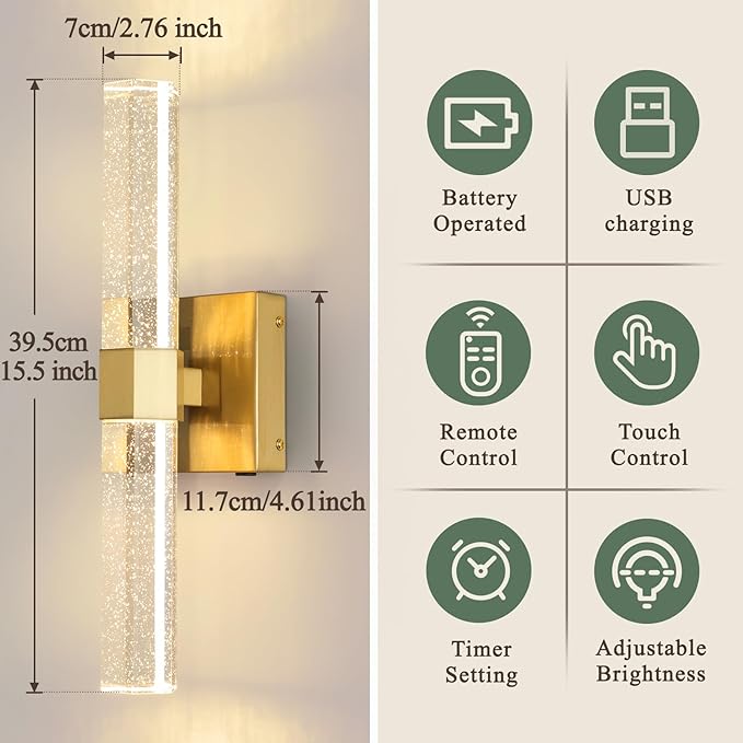 Battery Operated Crystal Wall sconces Set of 2,Rechargeable Modern Vanity Light Fixtures, 3000K-6000K Dimmable Gold LED Wireless Wall Lights for Bathroom Bedroom Living Room Hallway(2 Pack)