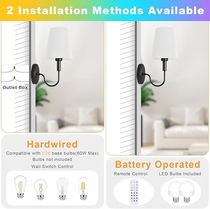 Wireless Rechargeable Wall Sconce, Black Battery Operated Wall Lights, Wall Lamps with Remotes and Dimmable RGB LED Bulbs, No Wiring Indoor Sconces Wall Decor Set of 2 for Bedroom Living Room Hallway