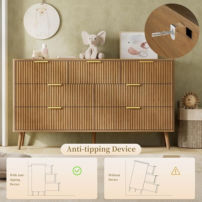 LYNSOM 55" Wide Fluted Dresser for Bedroom with 7 Drawer, Modern Chest of Drawers with Curved Profile Design and Metal Handles, Wood Dresser TV Stand & Storage Organizer for Living Room, Natural Oak