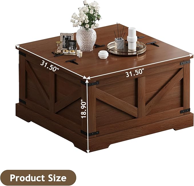 Farmhouse Coffee Table with Hidden Storage Compartment, Square Coffee Table for Living Room, Wood Center Table with Hinged Lifting Tabletop for Home, Rustic Brown