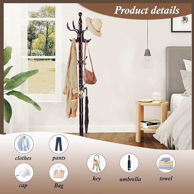 Wooden Coat Rack Freestanding, Vintage Coat Racks with Sturdy Round Base, Adjustable Height 37.40"-72.83" Entrance Coat Rack for Bedroom Living Room Entryway (Solid Wood Fenghuang Gou)