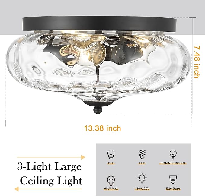Darkaway Large Ceiling Light Fixtures, 3-Light Flush Mount Indoor Outdoor Ceiling Light with Water Ripple Glass Shade for Hallway Kitchen Bedroom Porch Living Room Black Finish