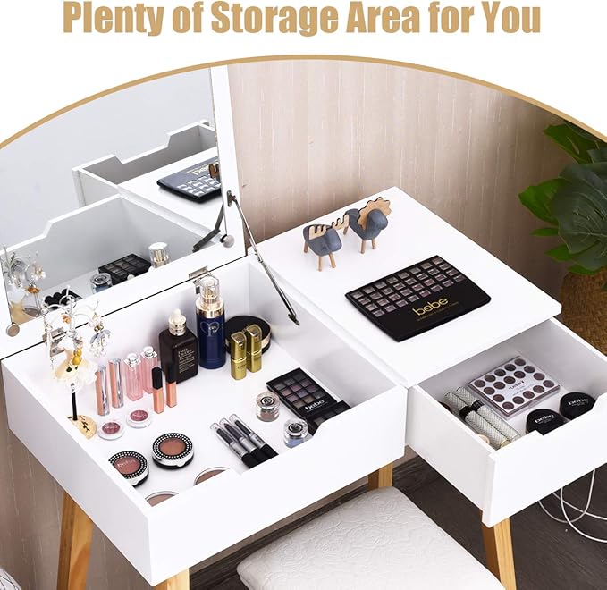 CHARMAID Vanity Table with Flip Top Mirror and Stool, Wooden Makeup Table Writing Desk with Drawer, Storage Compartment, Bedroom White Dressing Vanity Set for Kids Girls Women, Easy Assembly